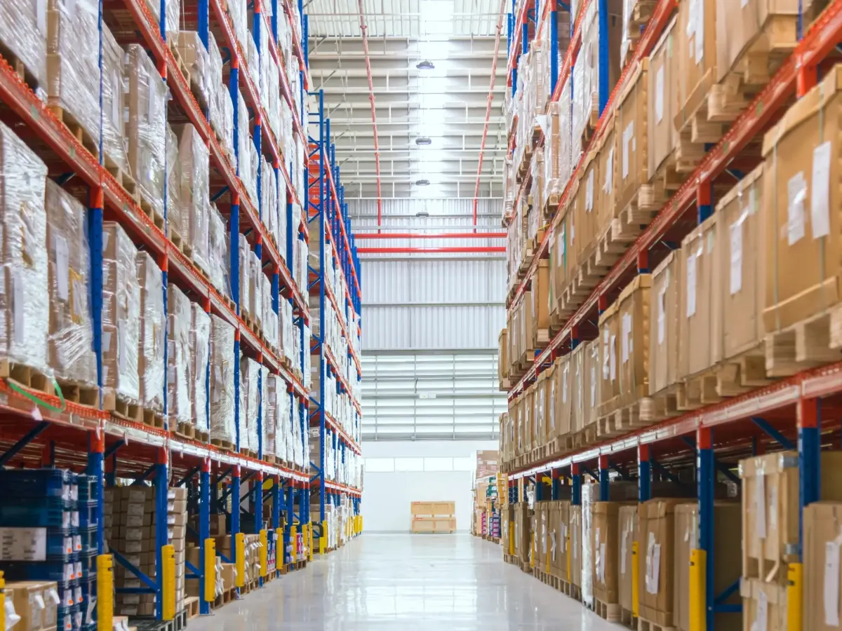 Warehouse aisle with stocked pallet racking